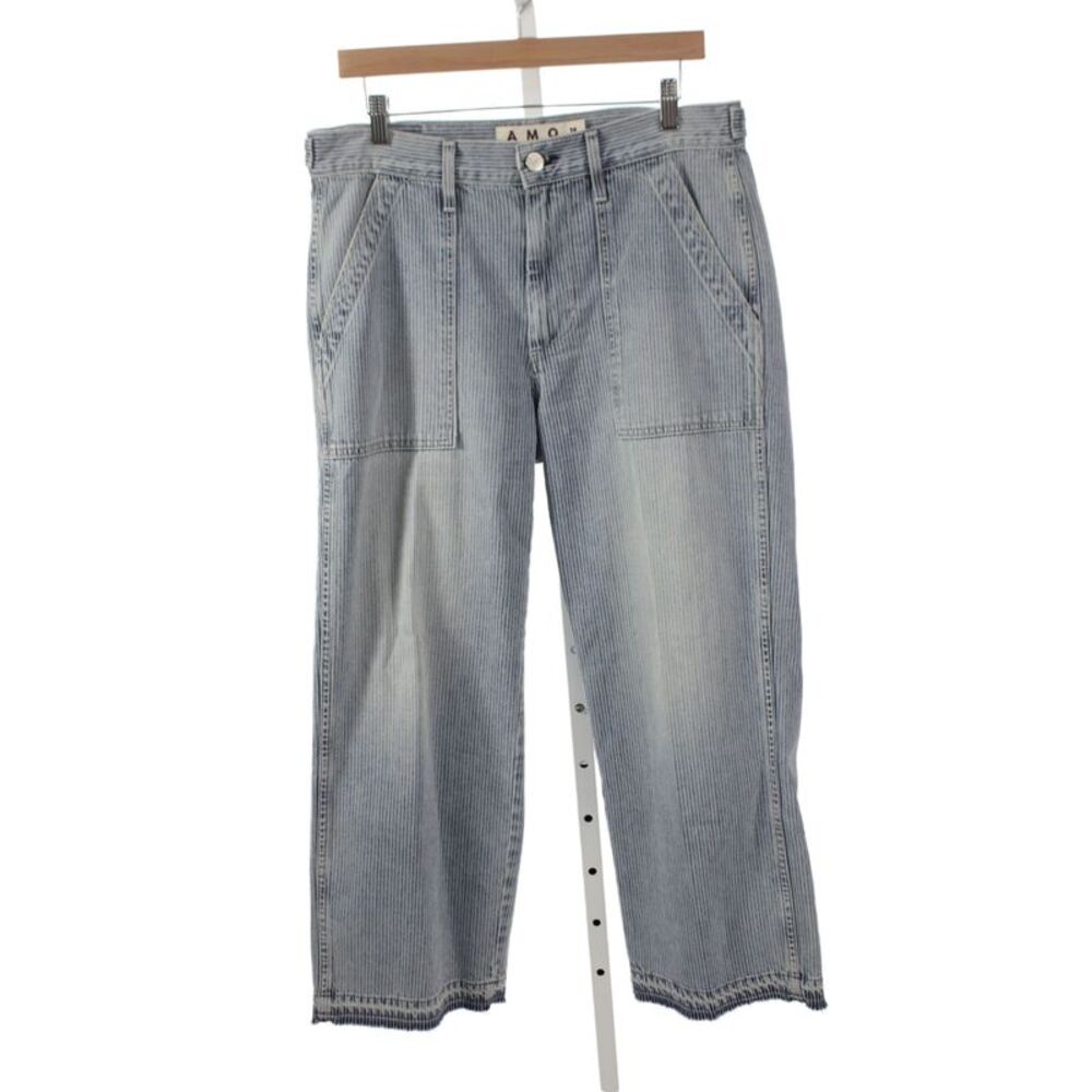 Amo Women Cropped Wide Leg Jeans Light Blue Striped Button Mid Rise Size 29